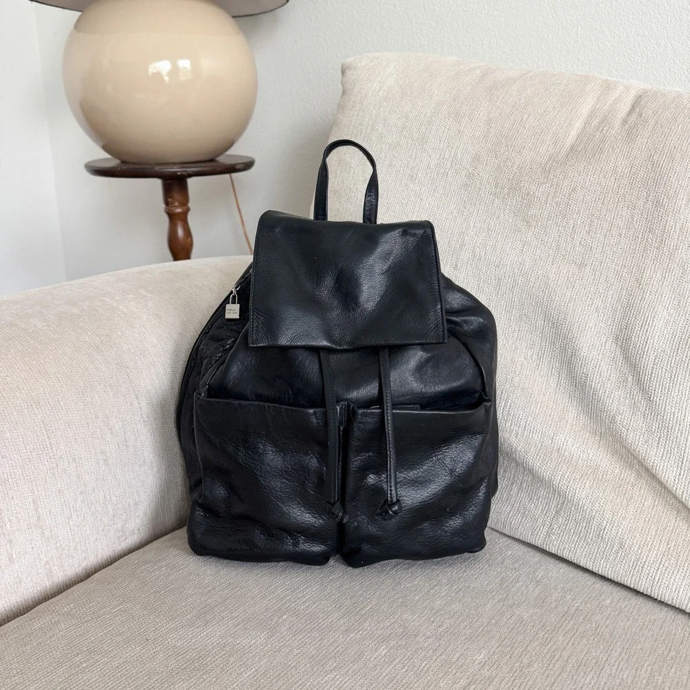 Perlina New York Black Leather Backpack Drawstring Flap Bag Vintage Style